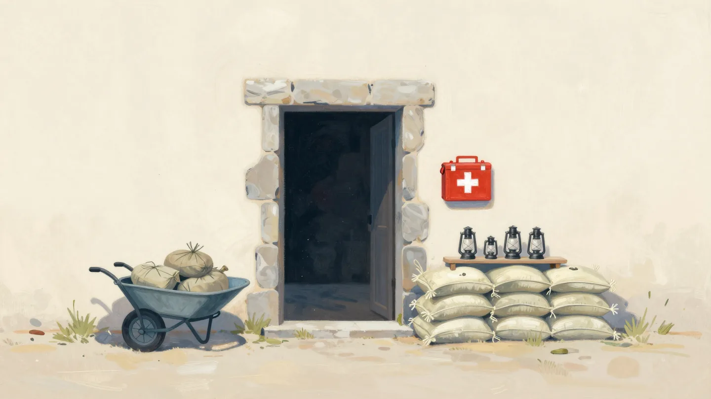A storm-ready cellar doorway with sandbags, lanterns on a shelf and a red first-aid box on the wall