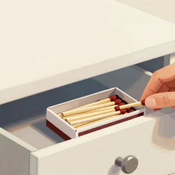 A hand striking one match from a long-kept box in a kitchen emergency drawer, the flame catching at once.