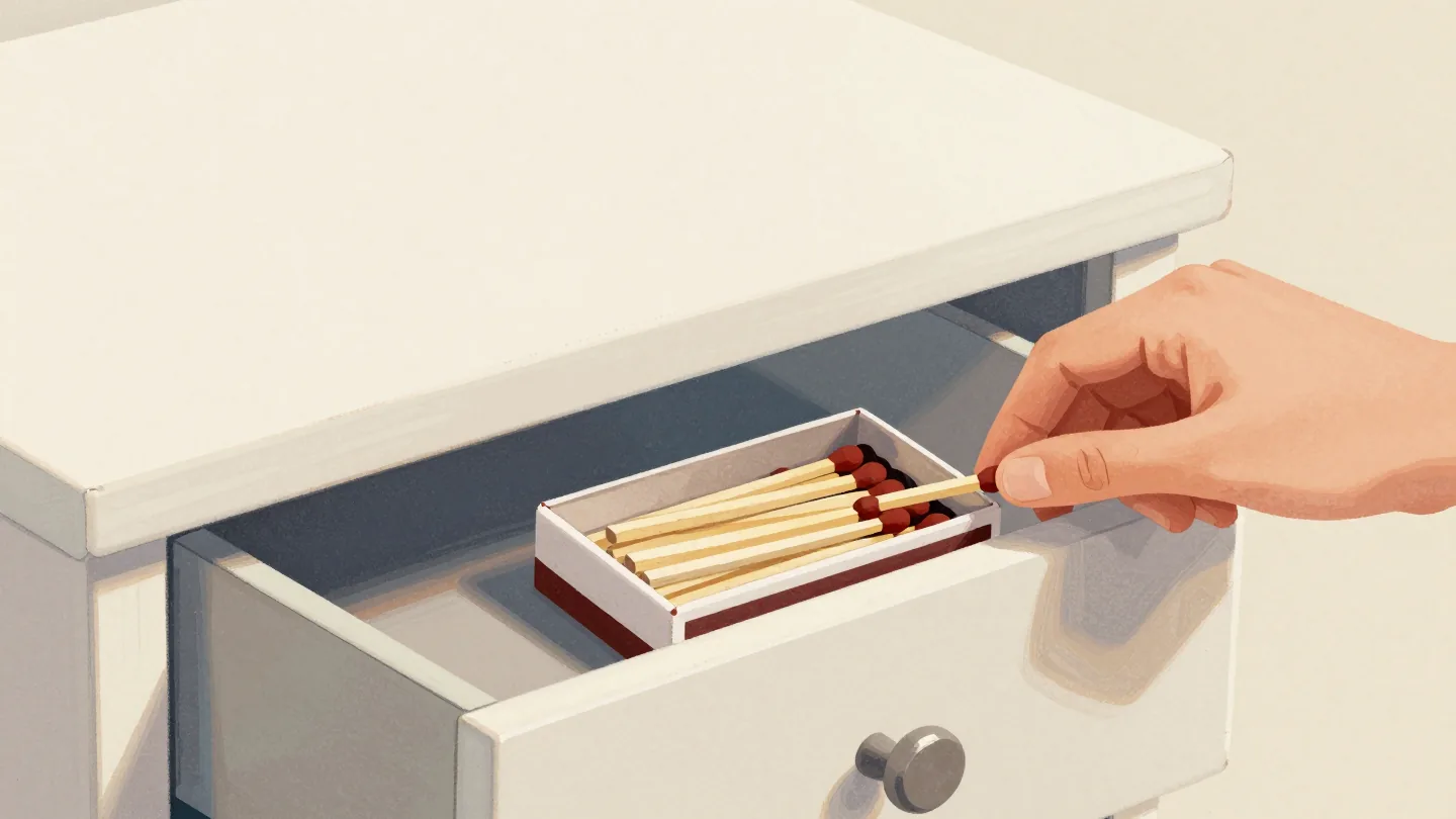 A hand striking one match from a long-kept box in a kitchen emergency drawer, the flame catching at once.