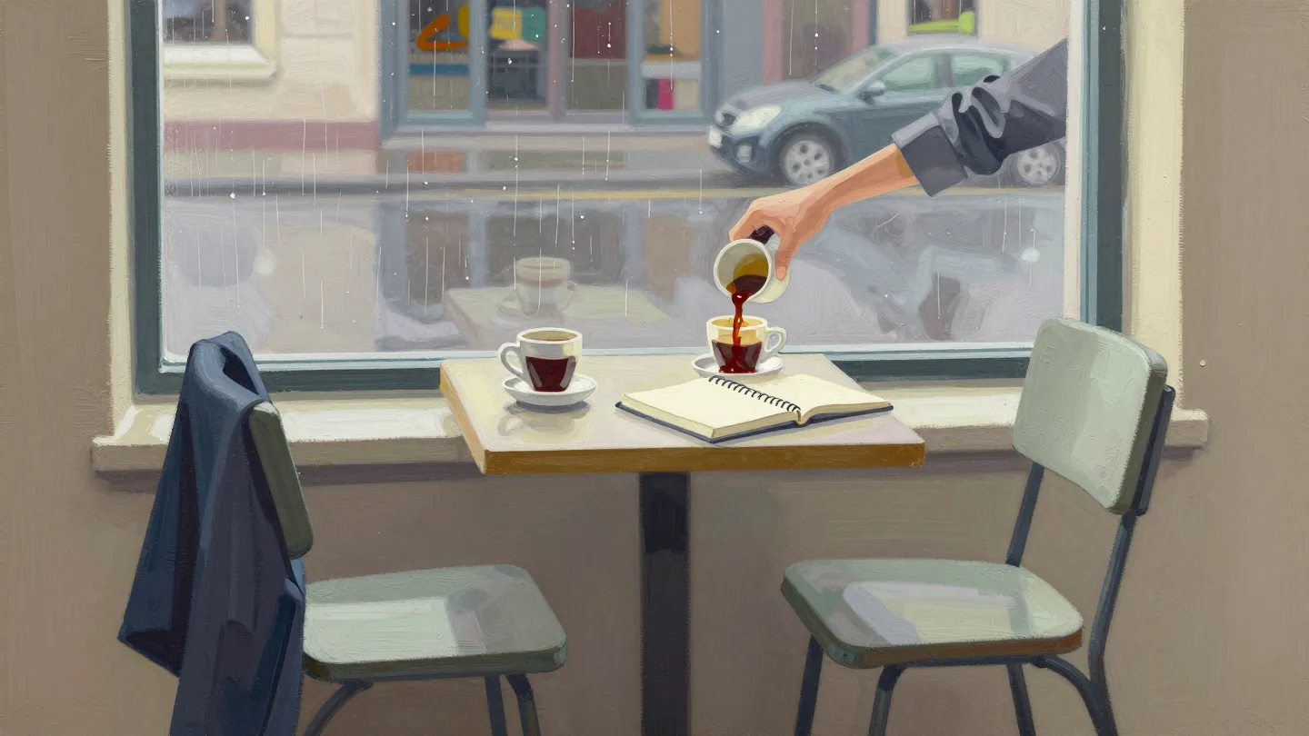 Two quiet chairs beside a cafe table prepared for a short meeting