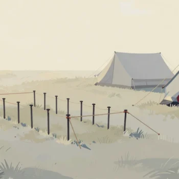Tent pegs and slack guy ropes in a flattened patch of grass where a tent used to be