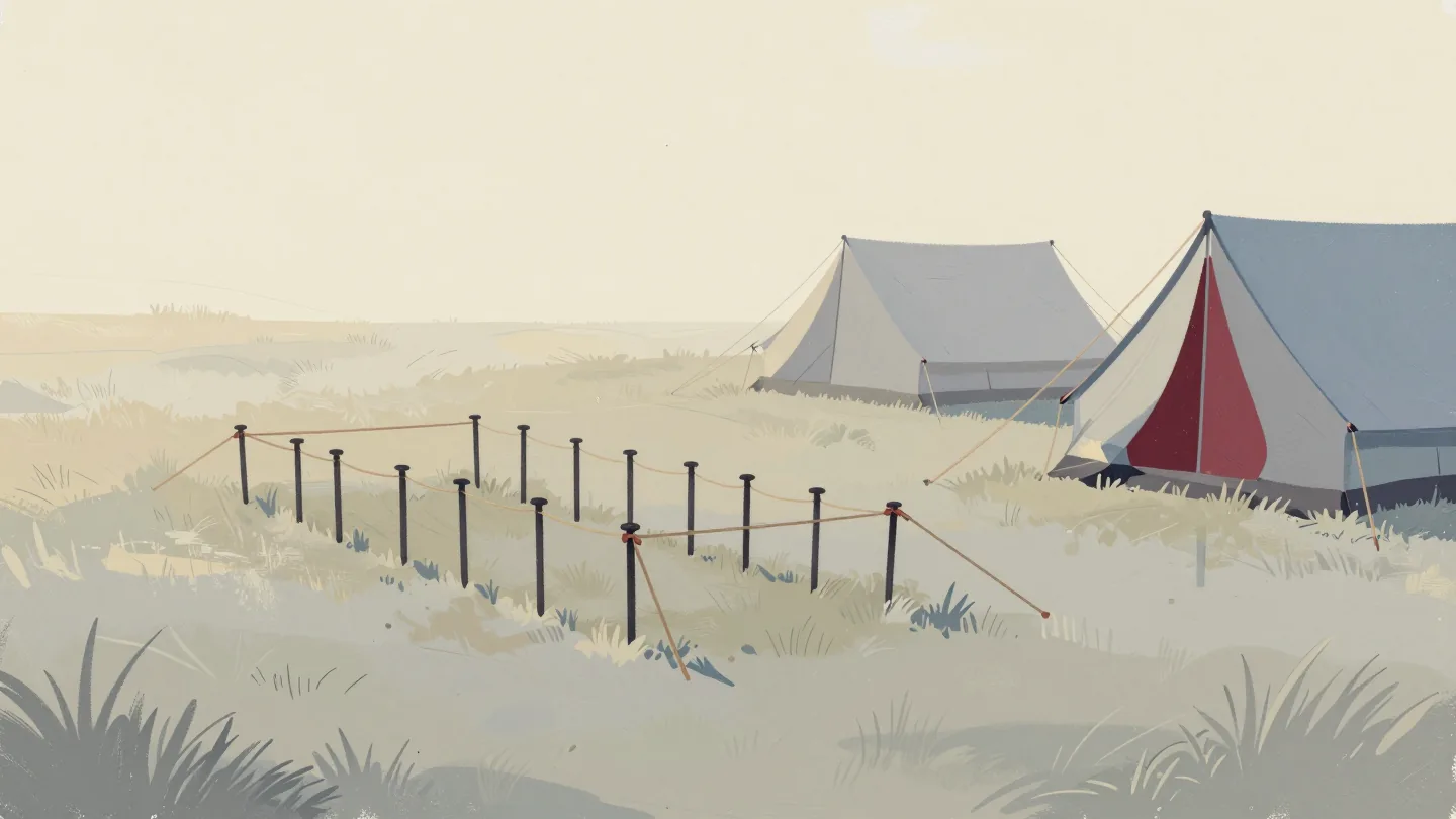 Tent pegs and slack guy ropes in a flattened patch of grass where a tent used to be