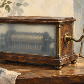 A music box can be wound while its working cylinder remains obscured behind frosted glass
