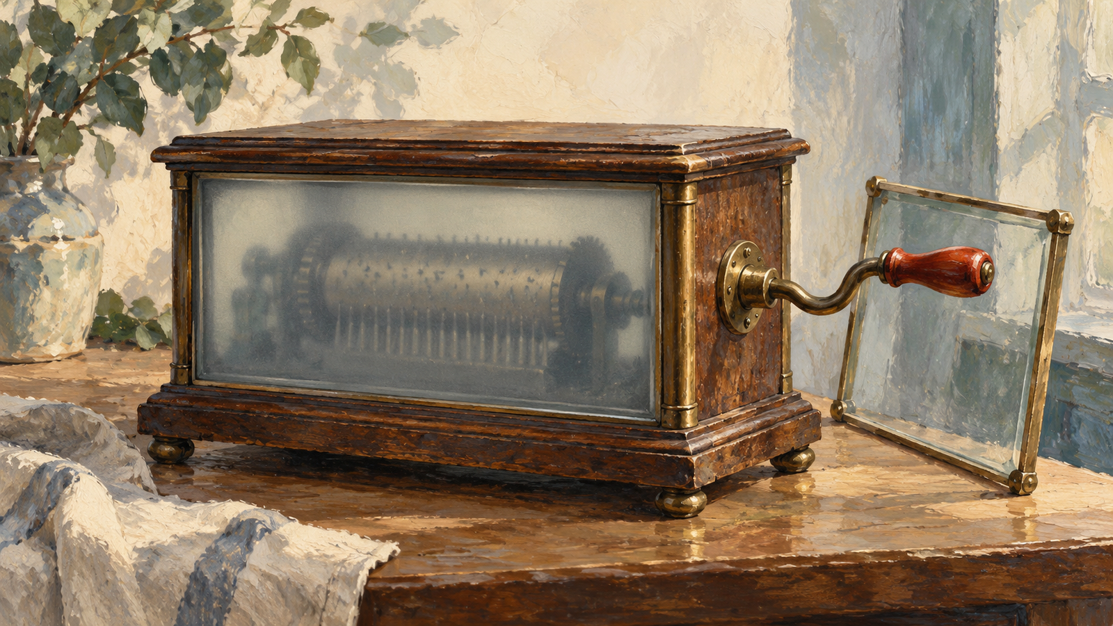 A music box can be wound while its working cylinder remains obscured behind frosted glass