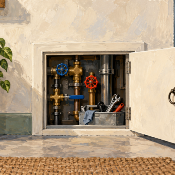A utility hatch opened to reveal maintenance tools in a wall