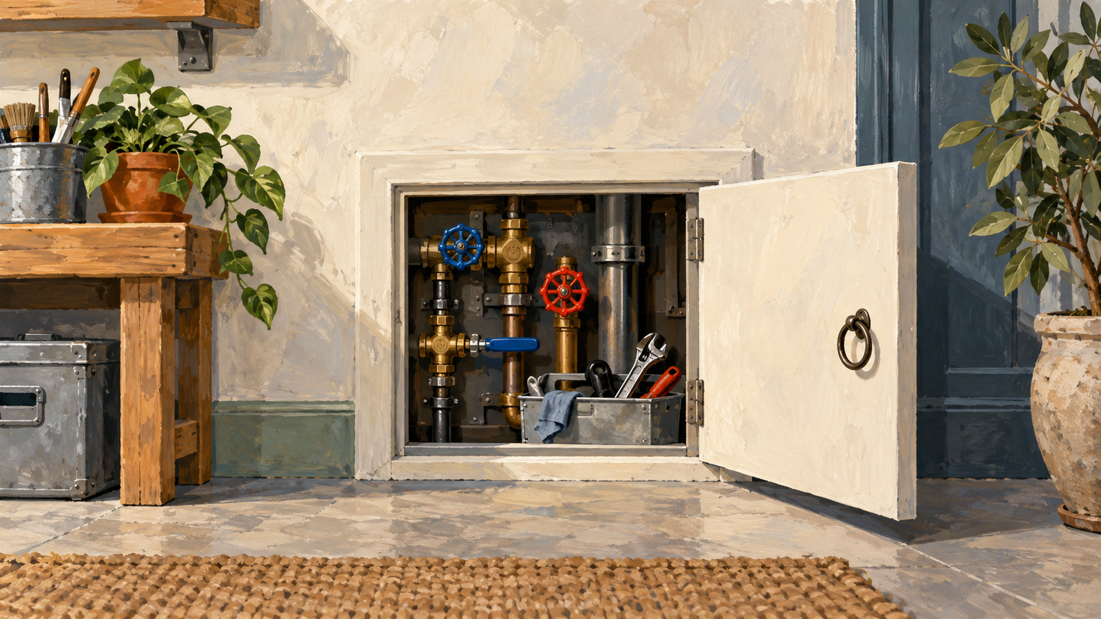 A utility hatch opened to reveal maintenance tools in a wall
