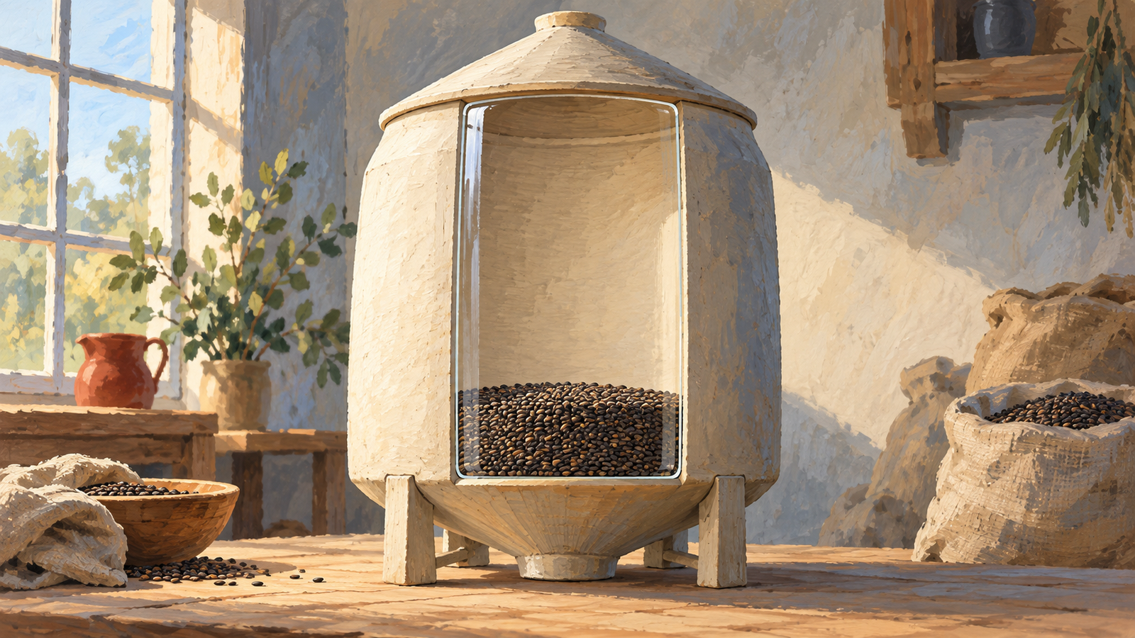 A grain bin has a small occupied layer and much more available capacity above it