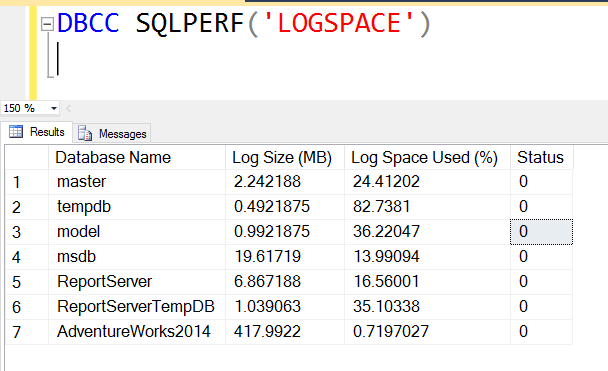 Original SSMS query and result showing log size in MB and percent used for each database