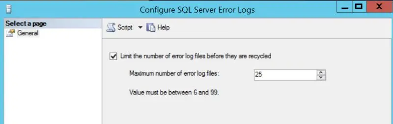 SSMS Configure SQL Server Error Logs window limiting error log files to 25