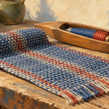 A wooden loom shuttle beside cloth whose woven threads are visible