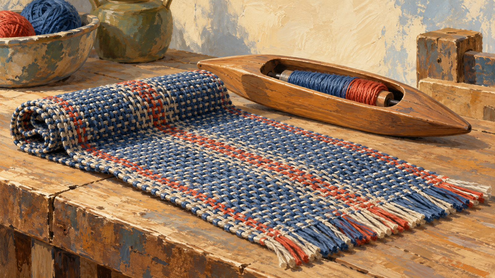 A wooden loom shuttle beside cloth whose woven threads are visible