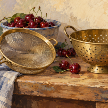 Two brass strainers with different filtering structures beside cherries