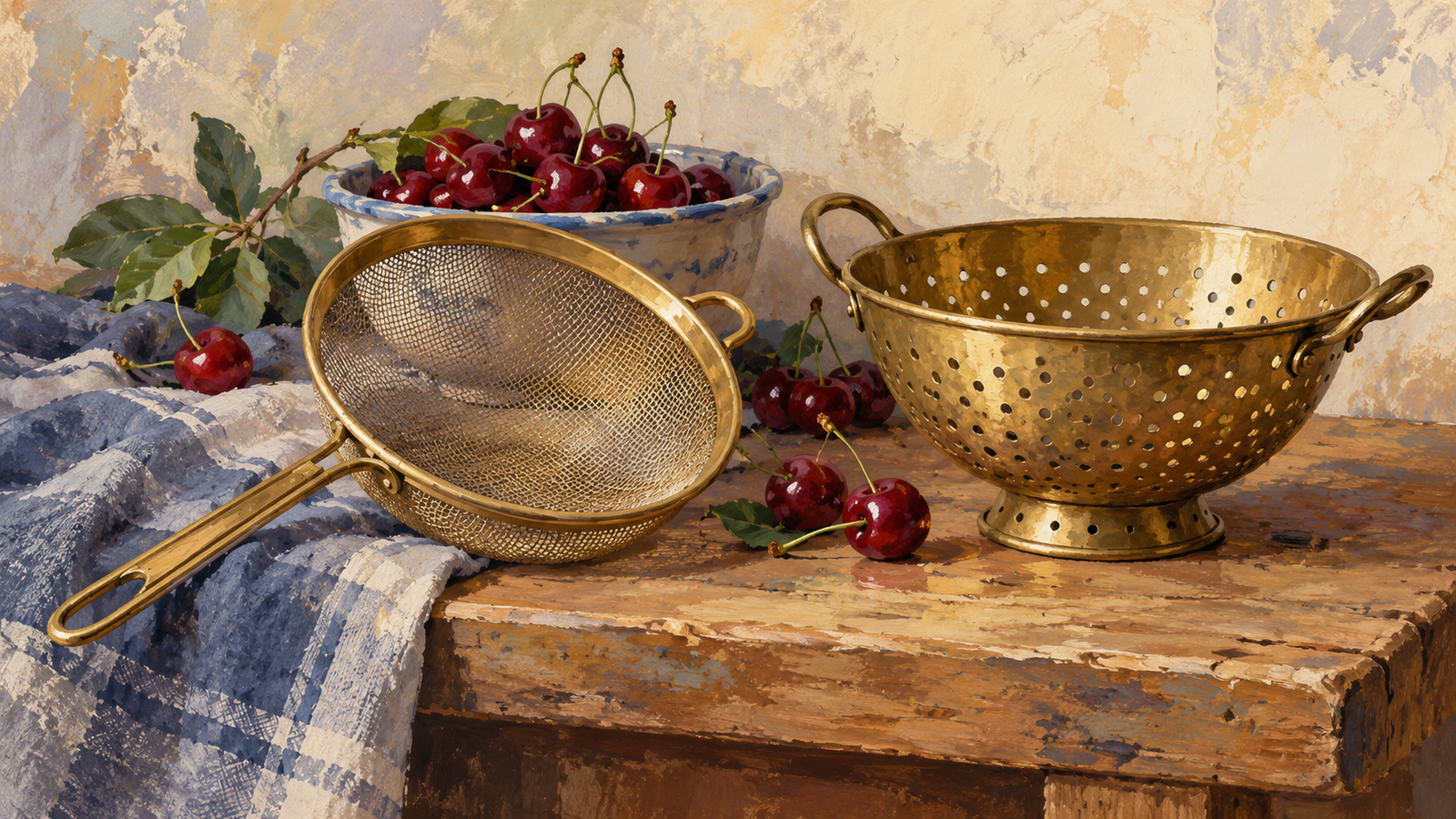 Two brass strainers with different filtering structures beside cherries
