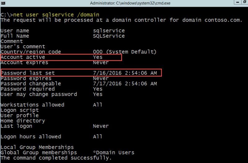 Historical net user domain output highlighting account status and Password last set