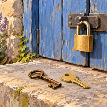 A secured blue door with old and replacement keys on the step