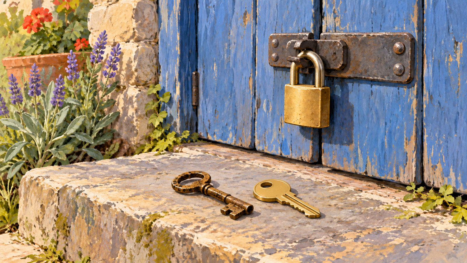 A secured blue door with old and replacement keys on the step