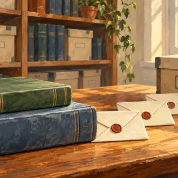 A base ledger, a later ledger and ordered sealed envelopes in an archive room