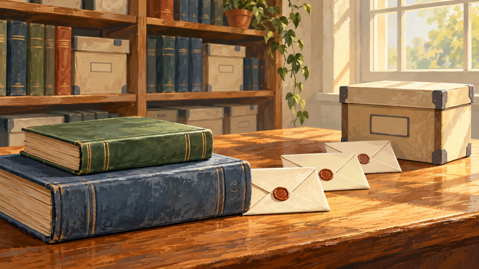 A base ledger, a later ledger and ordered sealed envelopes in an archive room