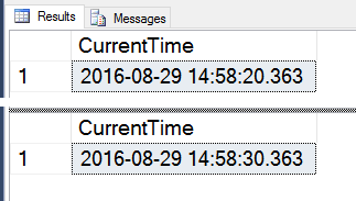 Two original SSMS results, 14:58:20.363 and 14:58:30.363, ten seconds apart