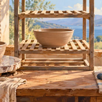 A freshly shaped bowl rests on a drying rack before the next pottery step