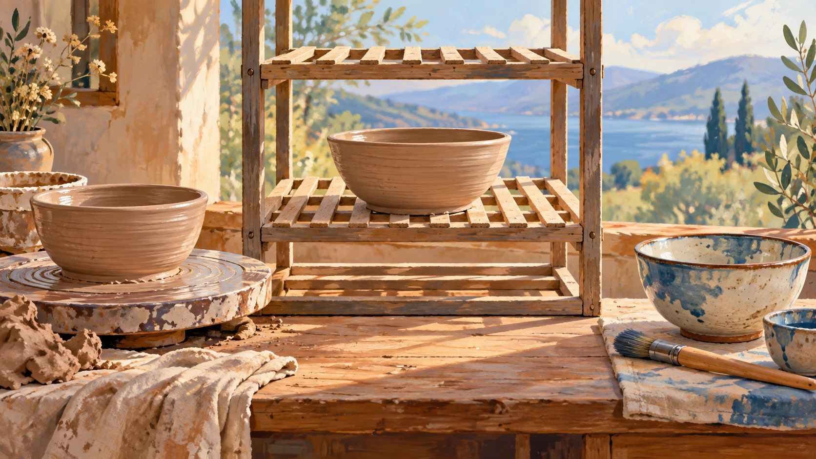 A freshly shaped bowl rests on a drying rack before the next pottery step