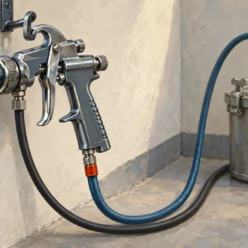 Compact paint spray gun connected by twin hoses to a separate pigment pressure pot