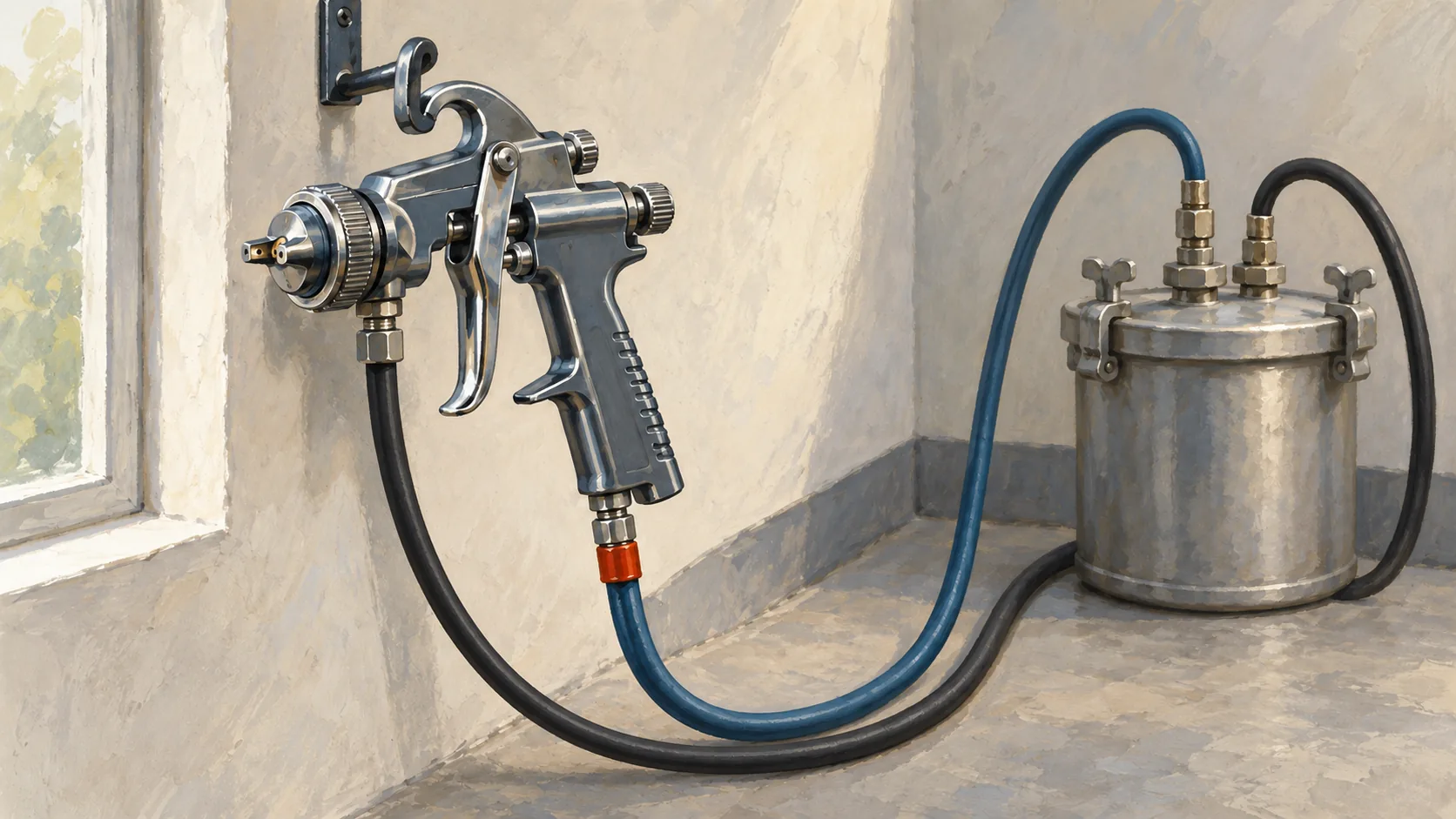 Compact paint spray gun connected by twin hoses to a separate pigment pressure pot