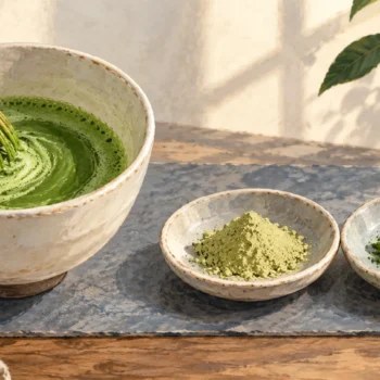 Bamboo whisk mixing matcha beside two separate ingredient dishes