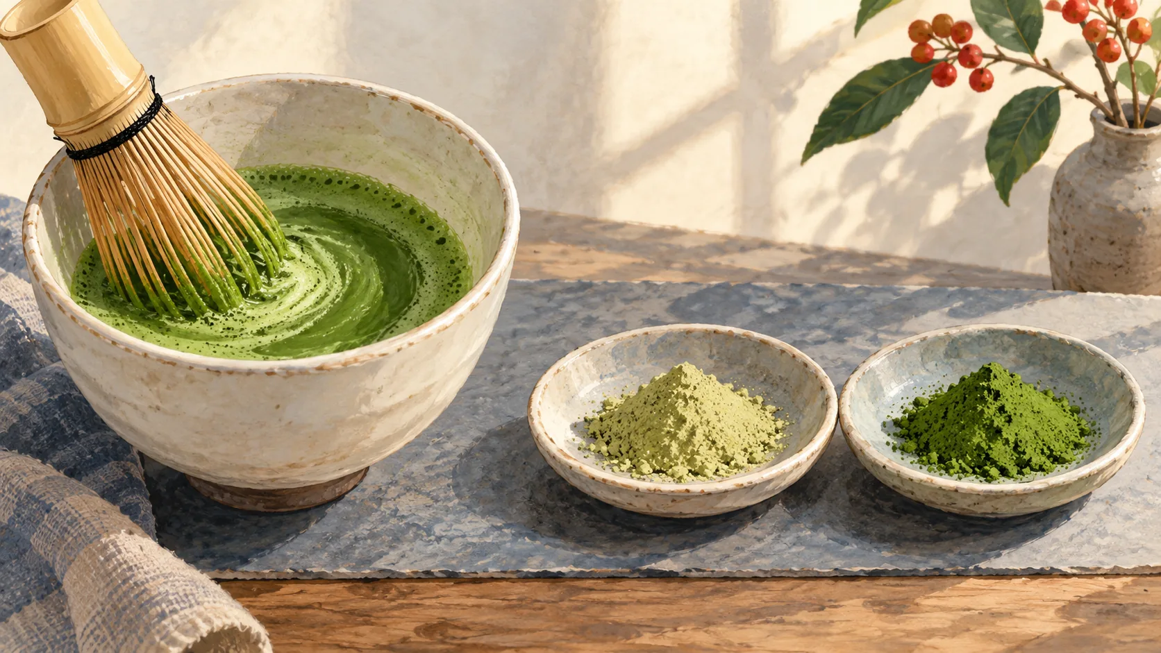 Bamboo whisk mixing matcha beside two separate ingredient dishes