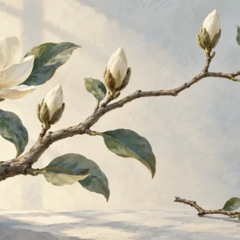 Magnolia branch showing connected buds and a detached twig below