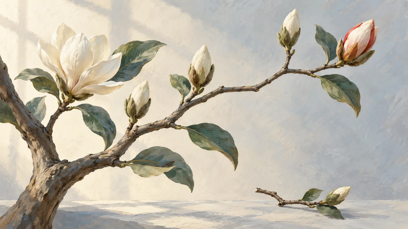 Magnolia branch showing connected buds and a detached twig below