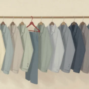A long clothes rail of shirts sorted by shade, one section opened at a red hanger.