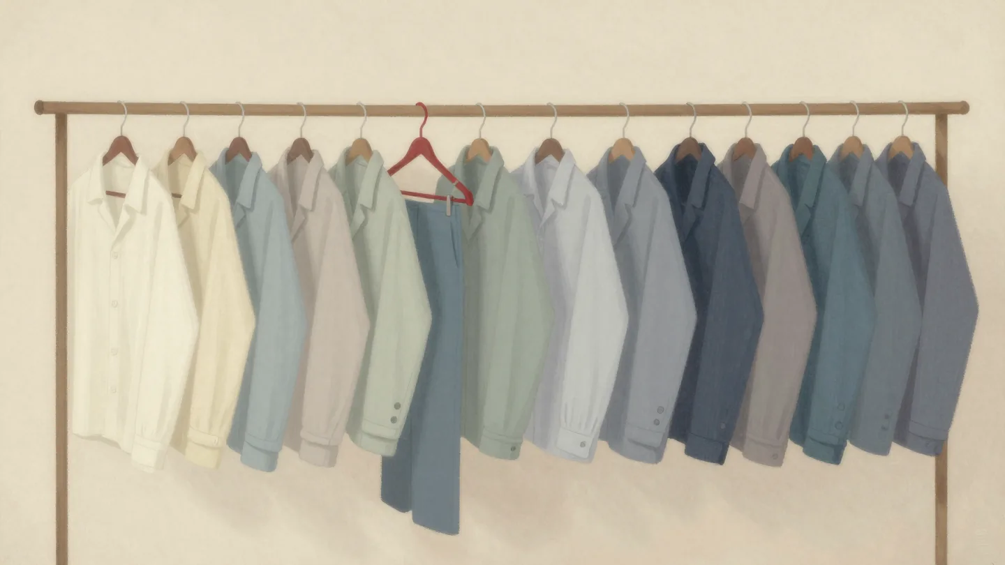 A long clothes rail of shirts sorted by shade, one section opened at a red hanger.