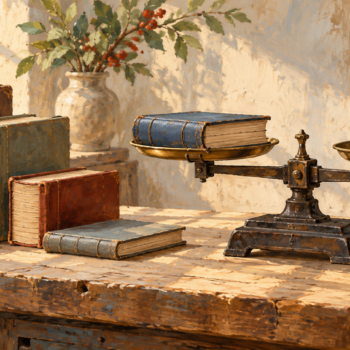 Ledgers of different thickness wait to be measured one at a time on a balance scale