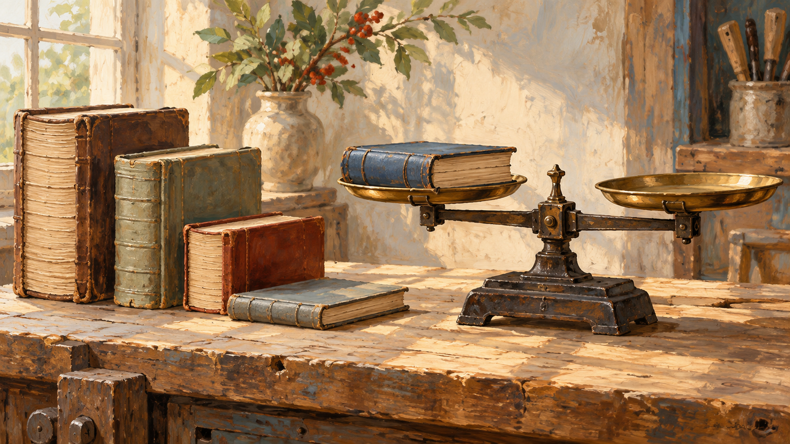 Ledgers of different thickness wait to be measured one at a time on a balance scale