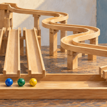 Three short marble runs have finished while one marble remains on a longer winding run