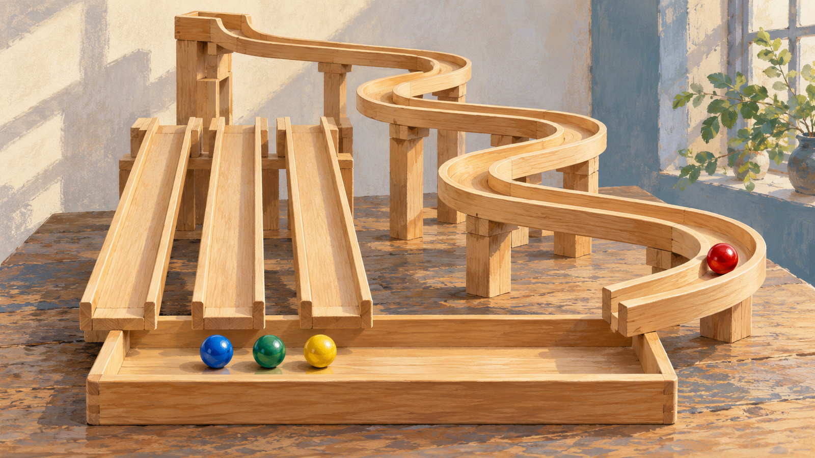 Three short marble runs have finished while one marble remains on a longer winding run