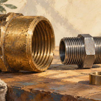 A large coarse threaded brass coupling and a smaller fine threaded steel fitting cannot connect directly