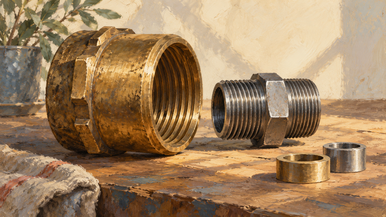 A large coarse threaded brass coupling and a smaller fine threaded steel fitting cannot connect directly