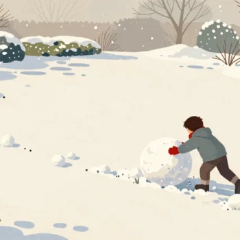A child in red mittens rolling one huge snowball across a snowy lawn past small handfuls of snow