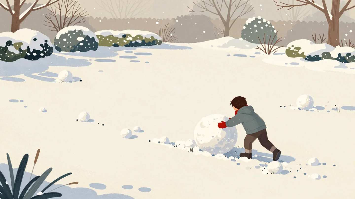 A child in red mittens rolling one huge snowball across a snowy lawn past small handfuls of snow