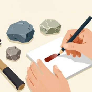 Hands drawing a rock across a white tile to leave a colored streak, other samples and a rock hammer nearby.