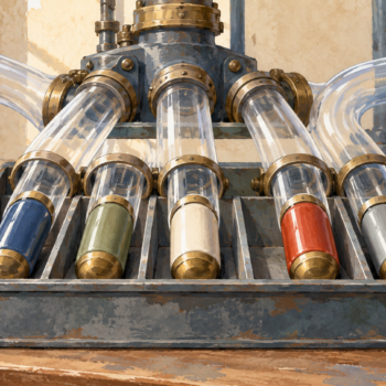 Several pneumatic message tubes deliver separate capsules into one inspection tray
