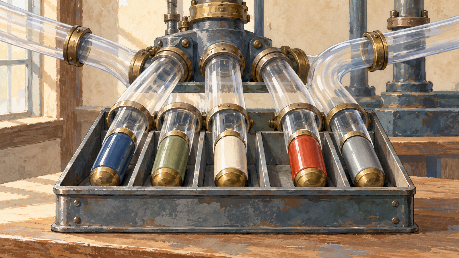 Several pneumatic message tubes deliver separate capsules into one inspection tray
