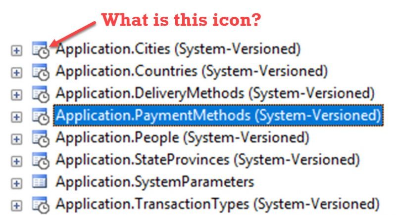 Original SSMS Object Explorer showing the system-versioned table icon beside WideWorldImporters tables