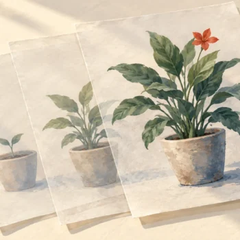 Earlier plant stages remain visible beneath the current version on layered vellum