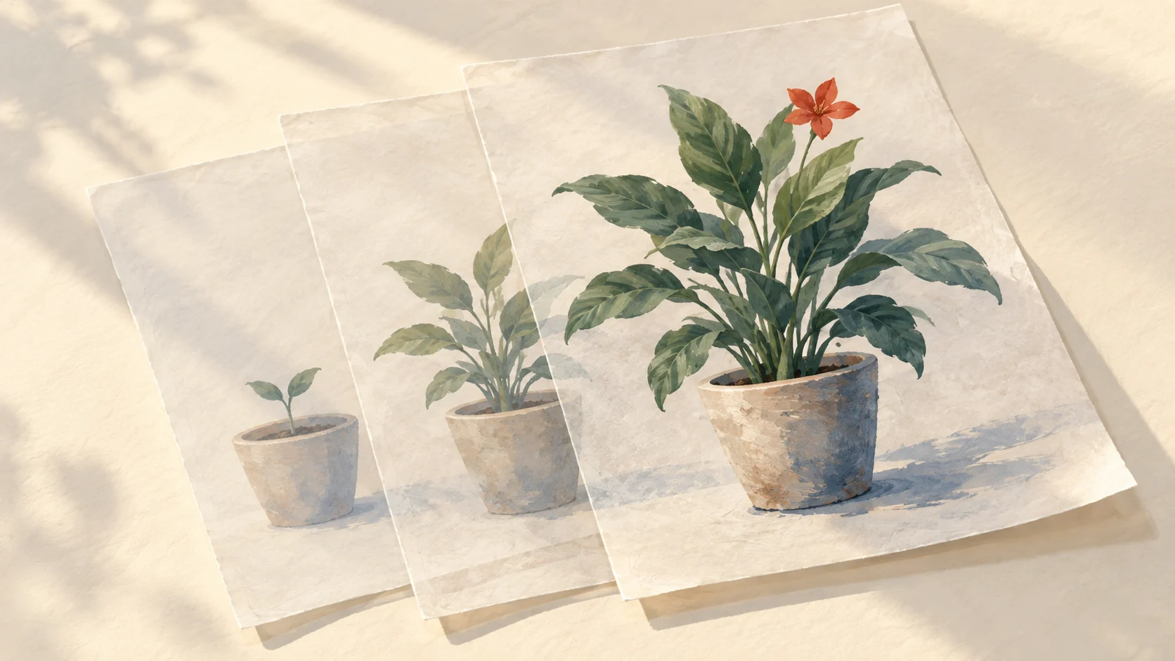Earlier plant stages remain visible beneath the current version on layered vellum