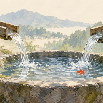 Either of two water chutes feeds one stone basin
