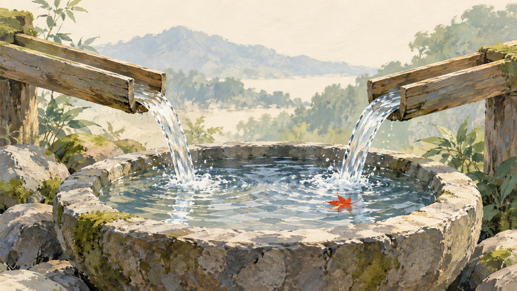 Either of two water chutes feeds one stone basin