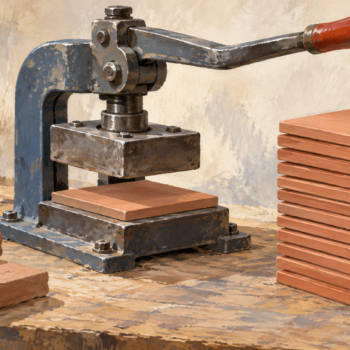 A hand press has produced a stack of identical clay tiles through repeated work
